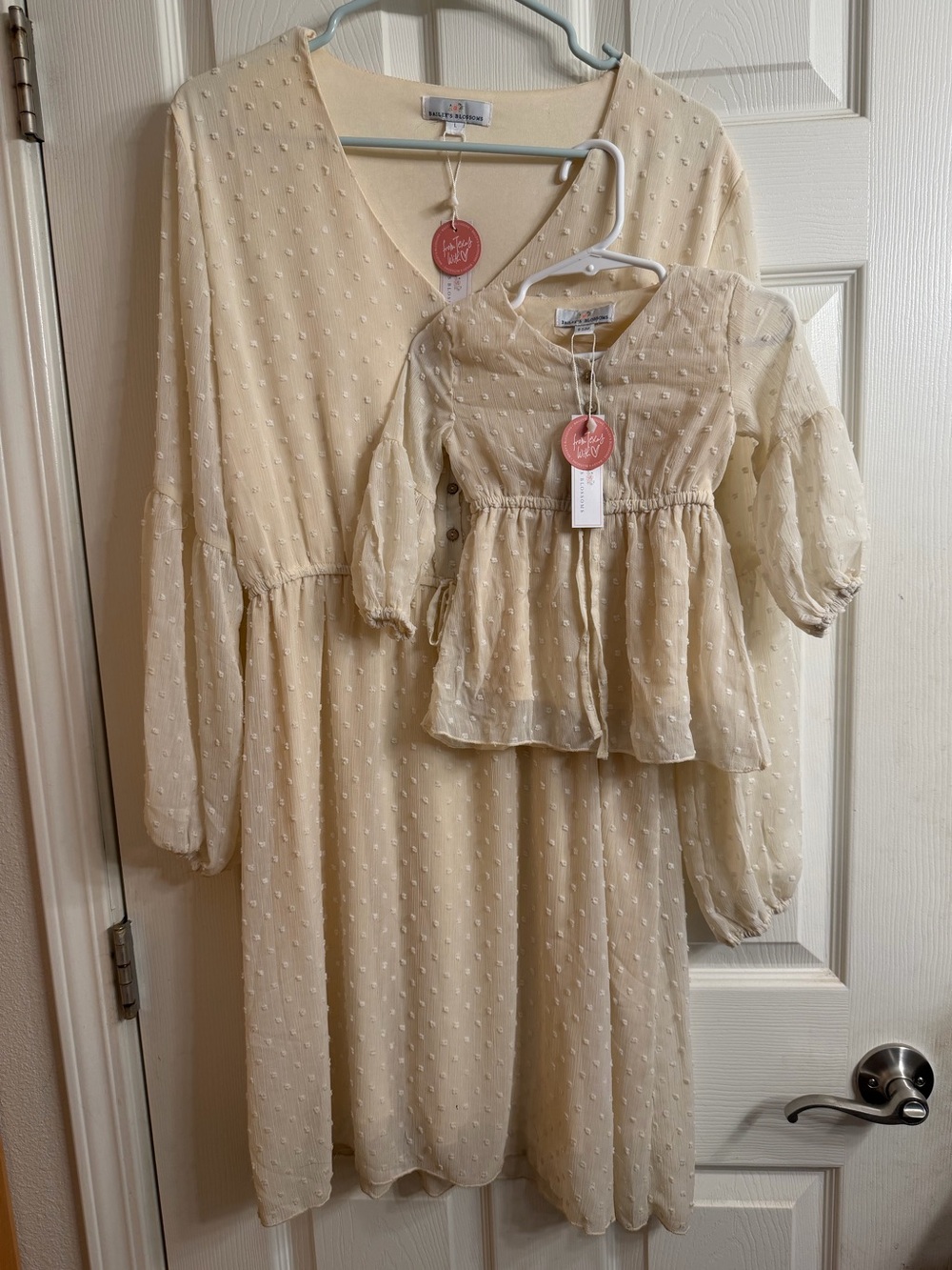 Bailey’s Blossoms Mommy and Me Matching Cream Swiss Dot Long Sleeve Dress Set